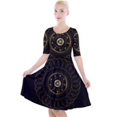 Fractal Gold Mandala Fractal Art Quarter Sleeve A-line Dress