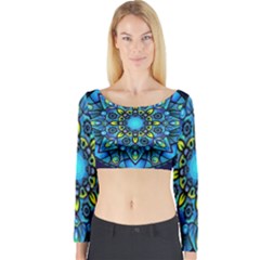 Mandala Blue Abstract Circle Long Sleeve Crop Top by Simbadda