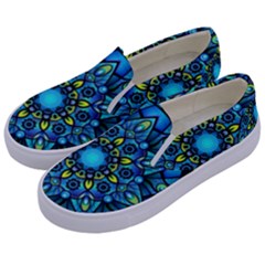 Mandala Blue Abstract Circle Kids  Canvas Slip Ons by Simbadda