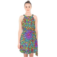 Points Mandala Kaleidoscope Halter Collar Waist Tie Chiffon Dress by Simbadda