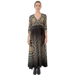 Fractal Mandala Feathers Grey Button Up Boho Maxi Dress