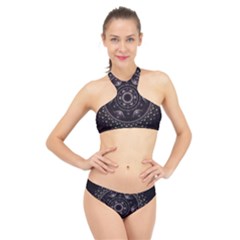 Fractal Mandala Circles Purple High Neck Bikini Set by Simbadda