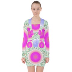 Flower Abstract Floral V-neck Bodycon Long Sleeve Dress by Simbadda