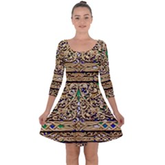 Gold Pattern Decoration Golden Quarter Sleeve Skater Dress by Simbadda