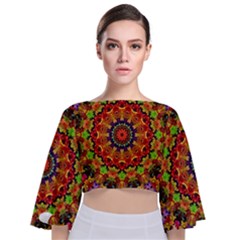 Fractal Mandala Flowers Tie Back Butterfly Sleeve Chiffon Top by Simbadda