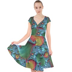 Fractal Art Colorful Pattern Cap Sleeve Front Wrap Midi Dress by Simbadda