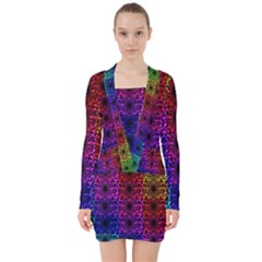 Rainbow Grid Form Abstract V-neck Bodycon Long Sleeve Dress by Simbadda