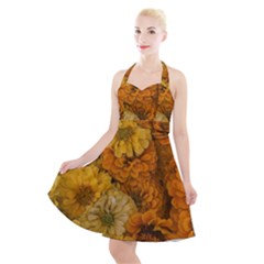 Yellow Zinnias Halter Party Swing Dress  by bloomingvinedesign