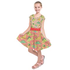 Coral & Pink Stegosaurus Pattern Kids  Short Sleeve Dress by PattyVilleDesigns