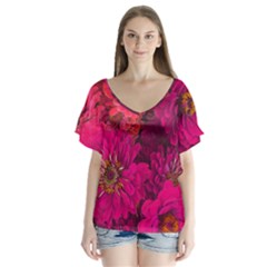 Pink Zinnias V-neck Flutter Sleeve Top