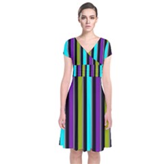 Retro Stripe 1 Vertical Retro Stripe 1 Short Sleeve Front Wrap Dress