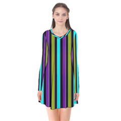 Retro Stripe 1 Vertical Retro Stripe 1 Long Sleeve V-neck Flare Dress by dressshop