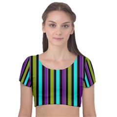 Retro Stripe 1 Vertical Retro Stripe 1 Velvet Short Sleeve Crop Top  by dressshop