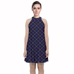 Royal Blue Plaid Tartan Velvet Halter Neckline Dress 