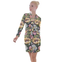 Grandma s Vintage Floral Couch Button Long Sleeve Dress