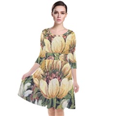 Grandma s Vintage Floral Couch Quarter Sleeve Waist Band Dress