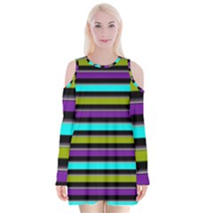 Retro Stripe 1 Version 2 Velvet Long Sleeve Shoulder Cutout Dress
