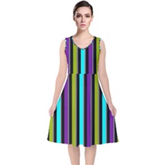 Retro Stripe 1 Version 3 V-neck Midi Sleeveless Dress 