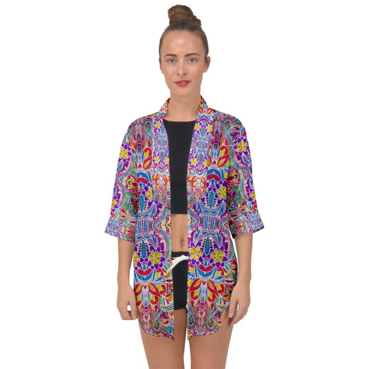 Red Purple Sparkle Floral Open Front Chiffon Kimono