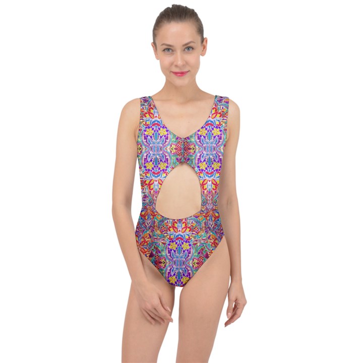 Red Purple Sparkle Floral Center Cut Out Swimsuit