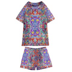 Red Purple Sparkle Floral Kids  Swim Tee And Shorts Set