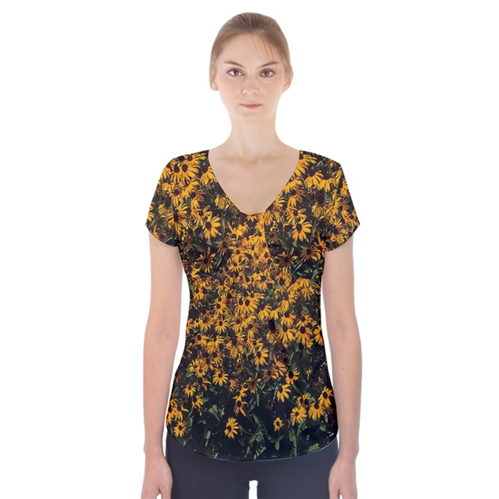 Field of Yellow Flowers Short Sleeve Front Detail Top