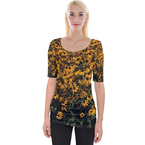 Field Of Yellow Flowers Wide Neckline Tee by bloomingvinedesign