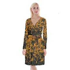 Field Of Yellow Flowers Long Sleeve Velvet Front Wrap Dress by bloomingvinedesign