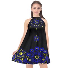 Blue Yellow Bandana Halter Neckline Chiffon Dress  by dressshop