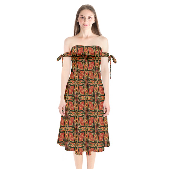 Geometric Doodle 2 Shoulder Tie Bardot Midi Dress