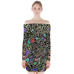 Swirl Retro Abstract Doodle Long Sleeve Off Shoulder Dress