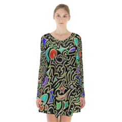 Swirl Retro Abstract Doodle Long Sleeve Velvet V-neck Dress