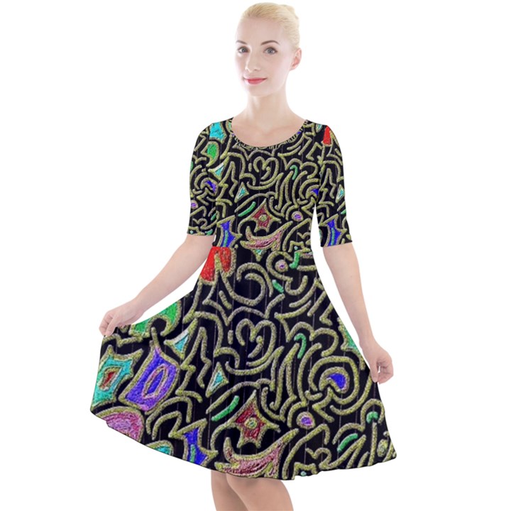 Swirl Retro Abstract Doodle Quarter Sleeve A-Line Dress