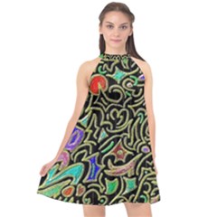 Swirl Retro Abstract Doodle Halter Neckline Chiffon Dress  by dressshop