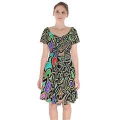 Swirl Retro Abstract Doodle Short Sleeve Bardot Dress