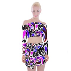 Retro Swirl Abstract Off Shoulder Top With Mini Skirt Set