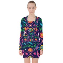 Colorful Pattern V-neck Bodycon Long Sleeve Dress by Hansue