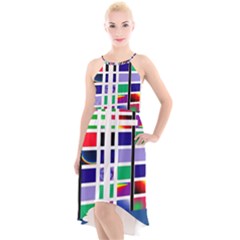 Color Graffiti Pattern Geometric High-low Halter Chiffon Dress 