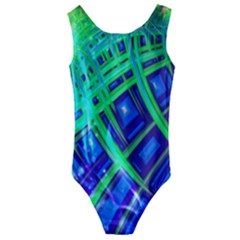 Green Blue Squares Fractal Kids  Cut-out Back One Piece Swimsuit by bloomingvinedesign