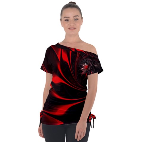 Red Black Abstract Curve Dark Flame Pattern Tie-up Tee by Nexatart