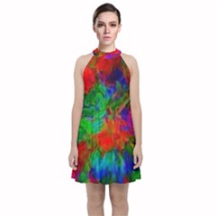 Color Art Bright Decoration Velvet Halter Neckline Dress 