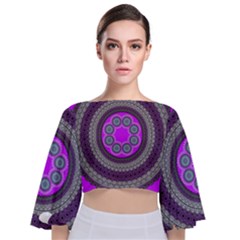 Round Pattern Ethnic Design Tie Back Butterfly Sleeve Chiffon Top by Nexatart