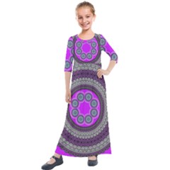 Round Pattern Ethnic Design Kids  Quarter Sleeve Maxi Dress by Nexatart