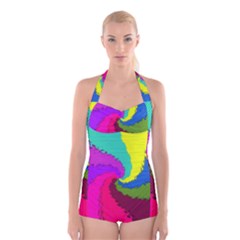 Art Abstract Pattern Color Boyleg Halter Swimsuit 