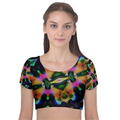 Butterfly Color Pop Art Velvet Short Sleeve Crop Top 