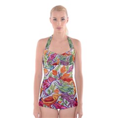 Art Flower Pattern Background Boyleg Halter Swimsuit  by Nexatart