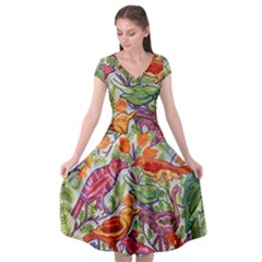 Art Flower Pattern Background Cap Sleeve Wrap Front Dress