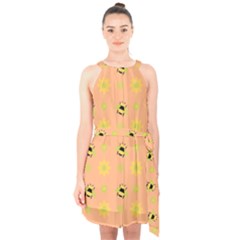 Bee A Bug Nature Halter Collar Waist Tie Chiffon Dress