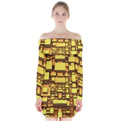 Cubes Grid Geometric 3d Square Long Sleeve Off Shoulder Dress by Nexatart