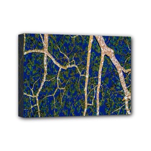 Green Leaves Blue Background Night Mini Canvas 7  X 5  (stretched) by Nexatart